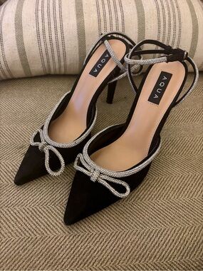 Aqua Black Pointed-Toe Heels with Rhinestone Bow and Ankle Strap